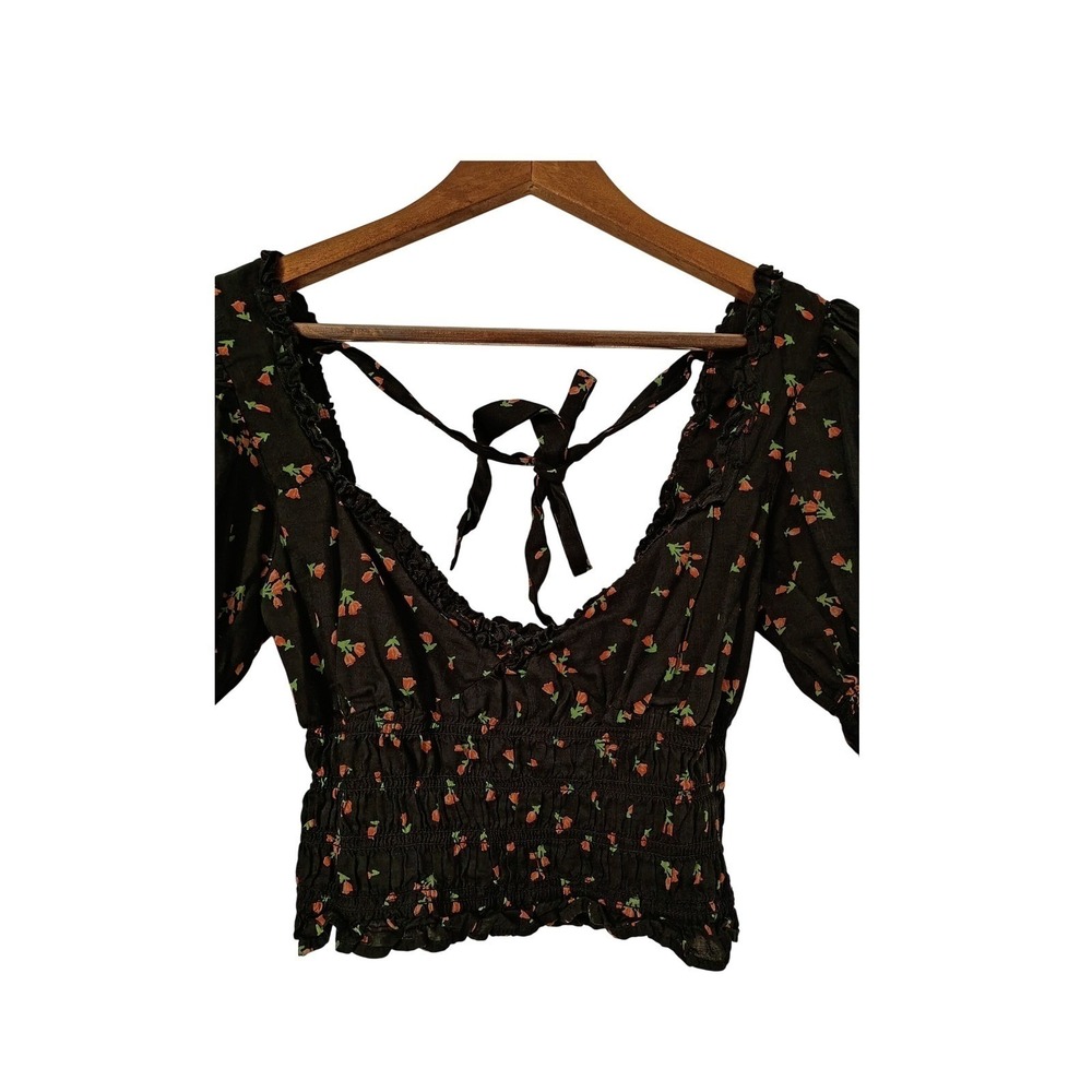 Urban Outfitters Navy Floral Puff Sleeve Smocked Top S Tie Back Coquette Boho